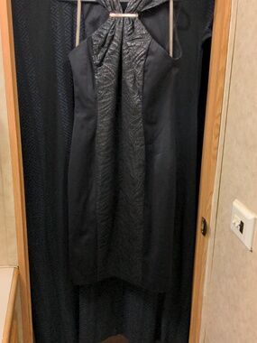 RARE Karen Millen Mixed Fabric Midi Dress Unique Neckline Black Size US 6